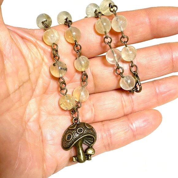 Natural Yellow Green Prehnite Necklace, Bronze Round Mushroom + Genuine Gemstone - Picture 16 of 16